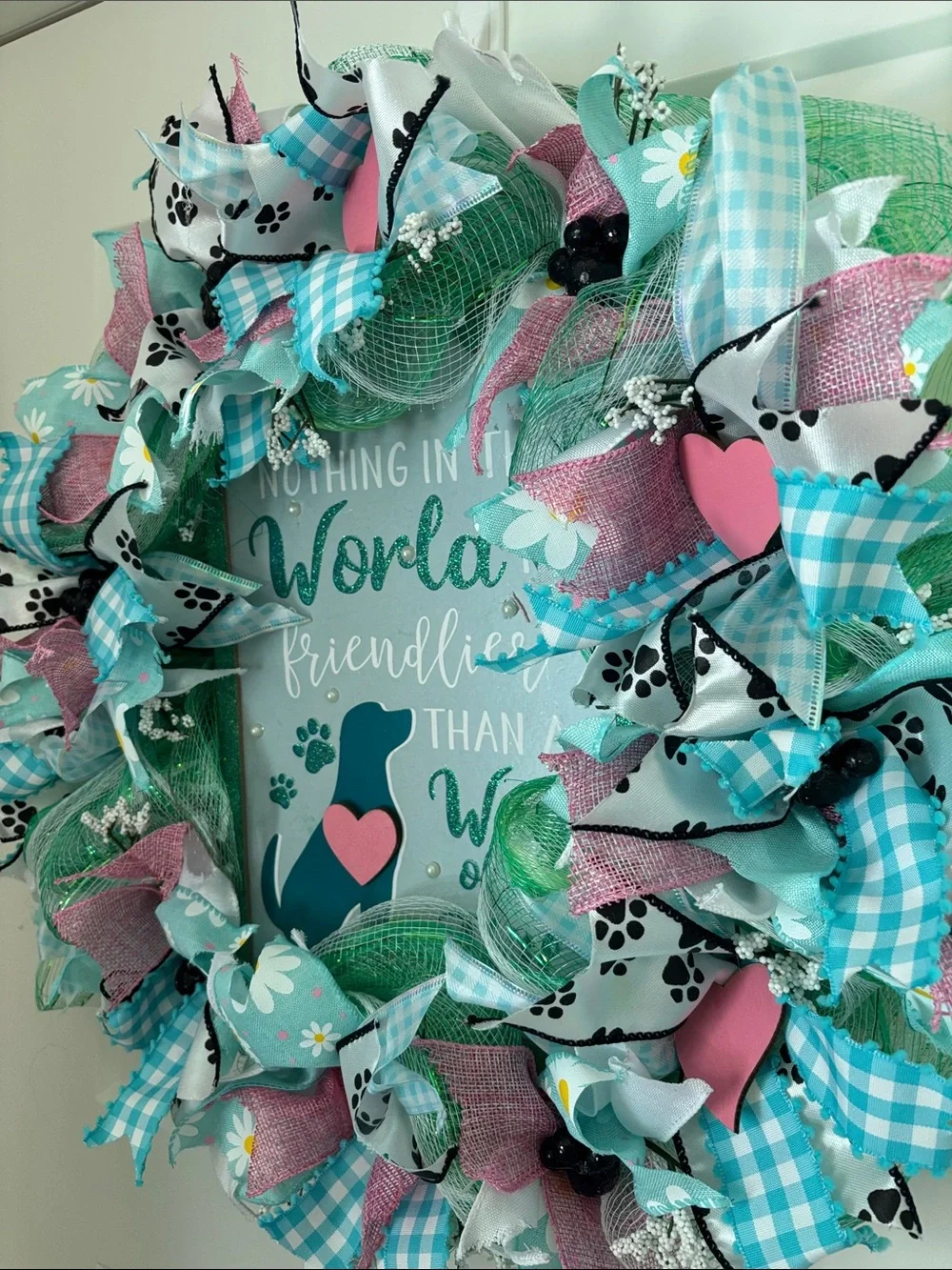 Hand Crafted Teal, Pink, White Dog-Themed Spring Wreath